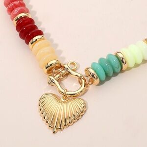 Textured Metal Heart Carabiner Pendant Colorful Chunky Beaded Statement Necklace